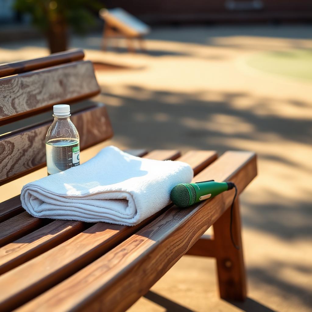 Courtside bench with towel, water bottle, and green microphone