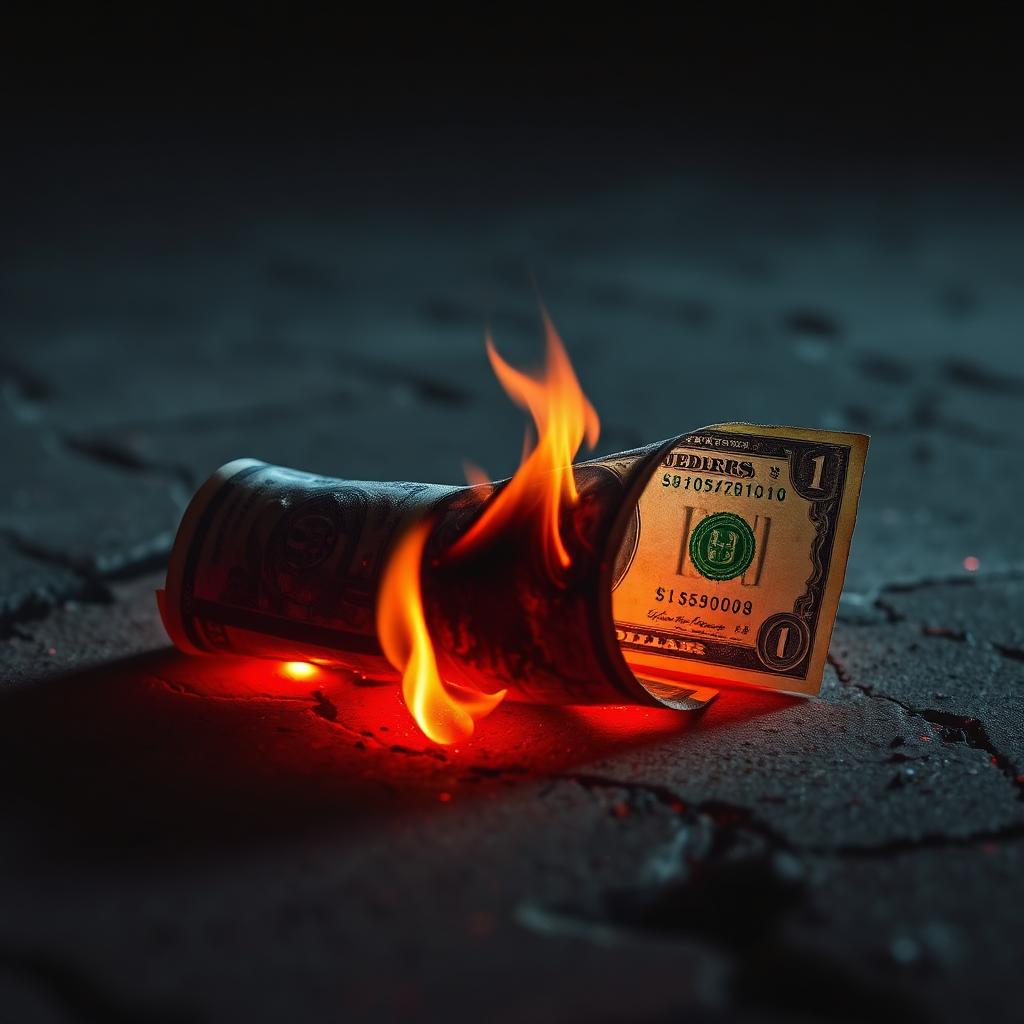 Burning hundred dollar bill on dark concrete