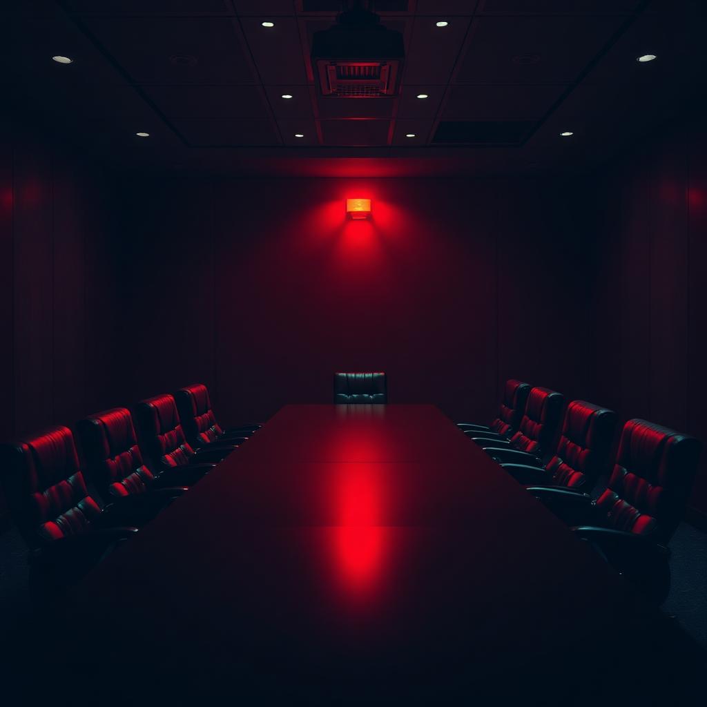 Empty corporate boardroom lit in red