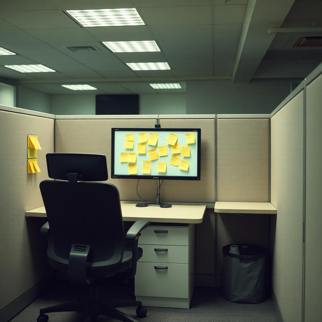 Cubicle workspace with sticky notes on monitor