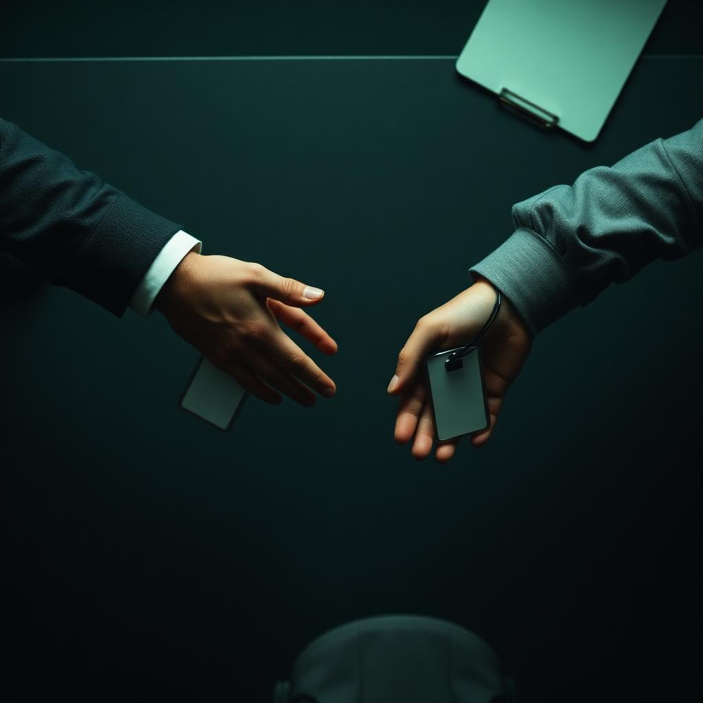 Hands exchanging ID badges across a desk