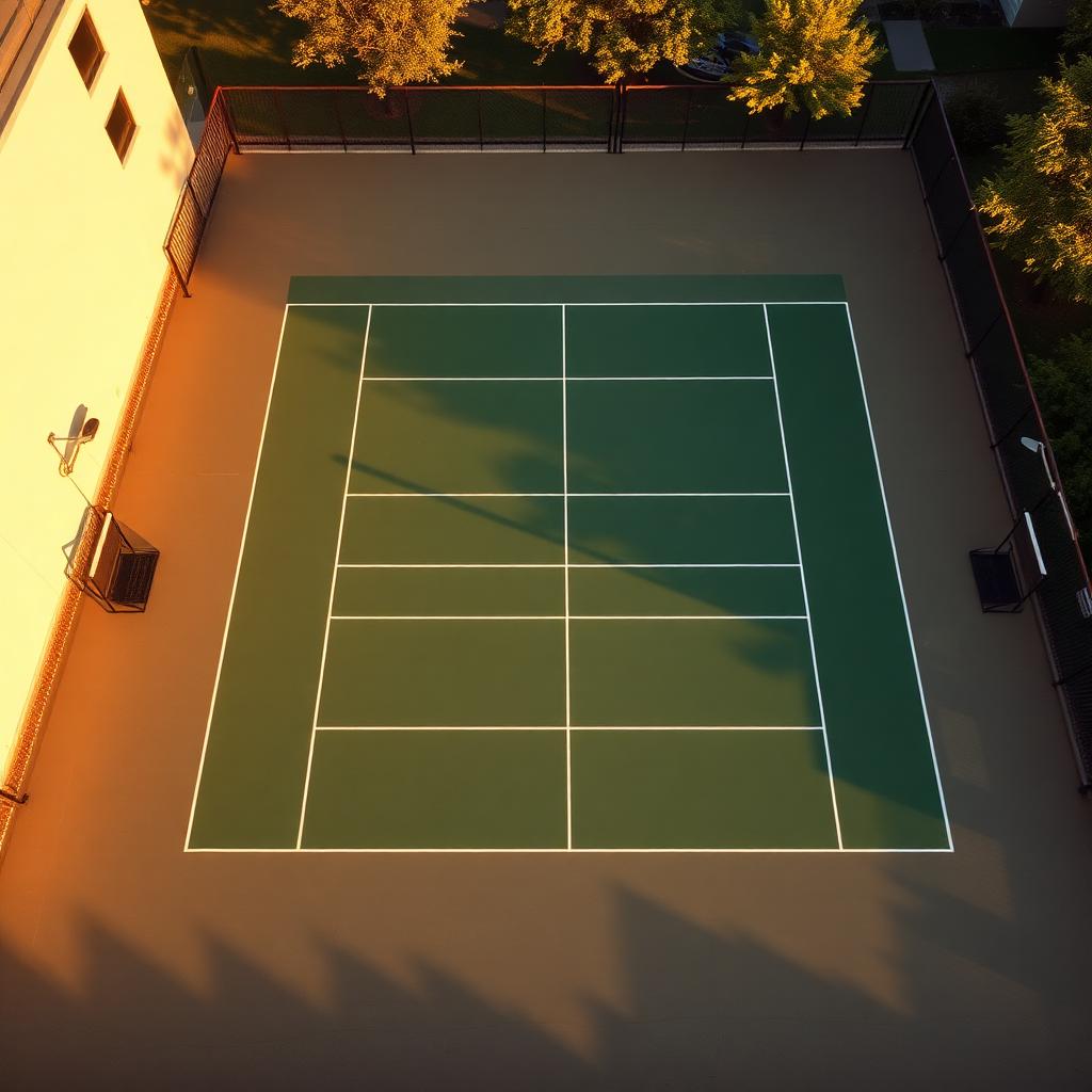 Empty outdoor pickleball court at golden hour