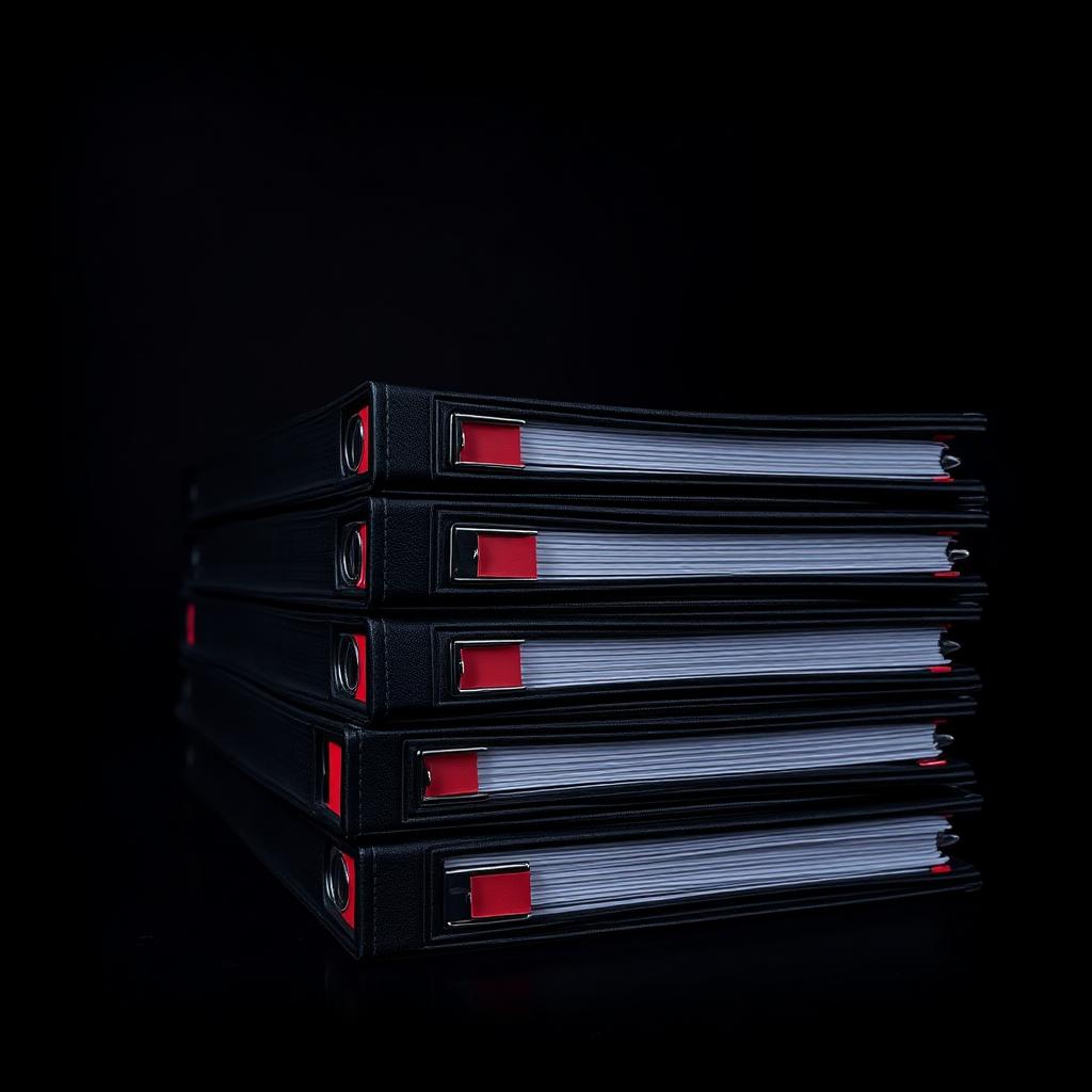 Stack of black legal binders with red tab markers