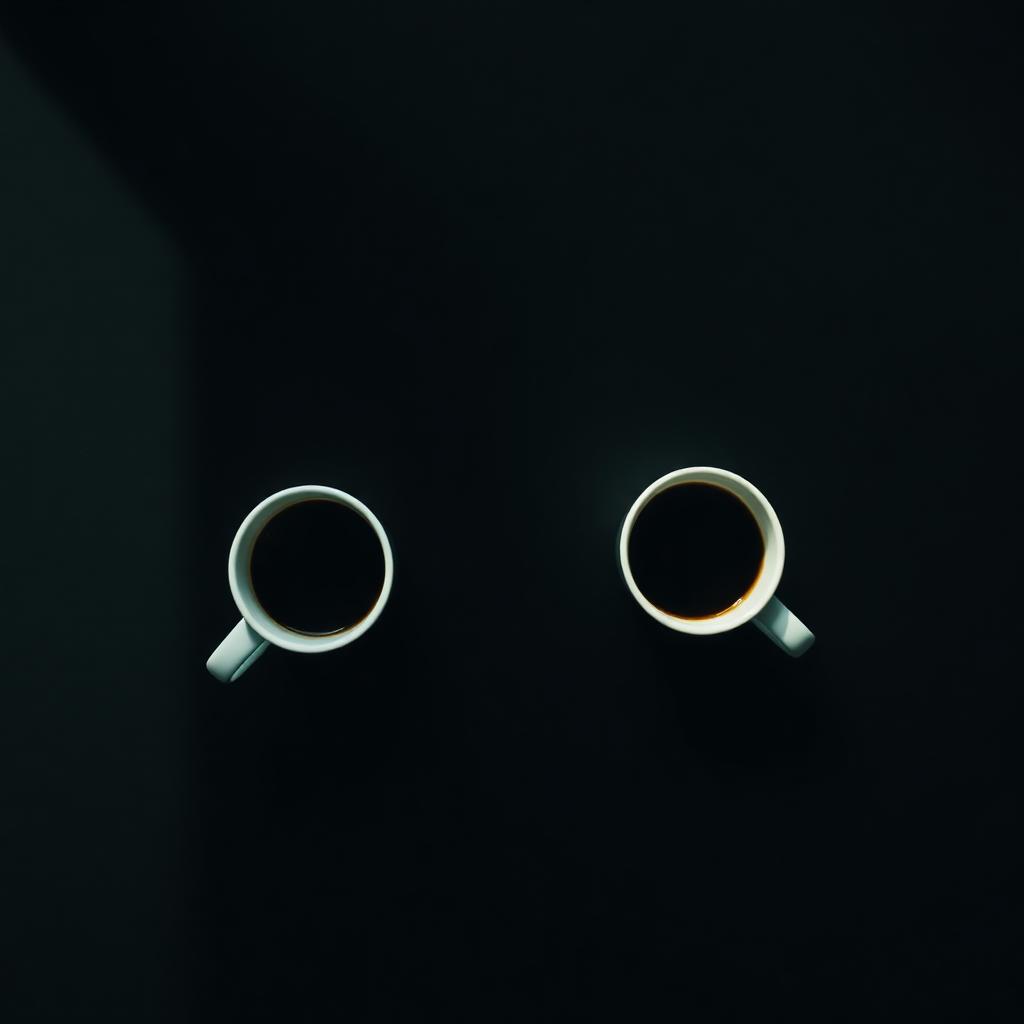 Two coffee cups on opposite sides of a dark table