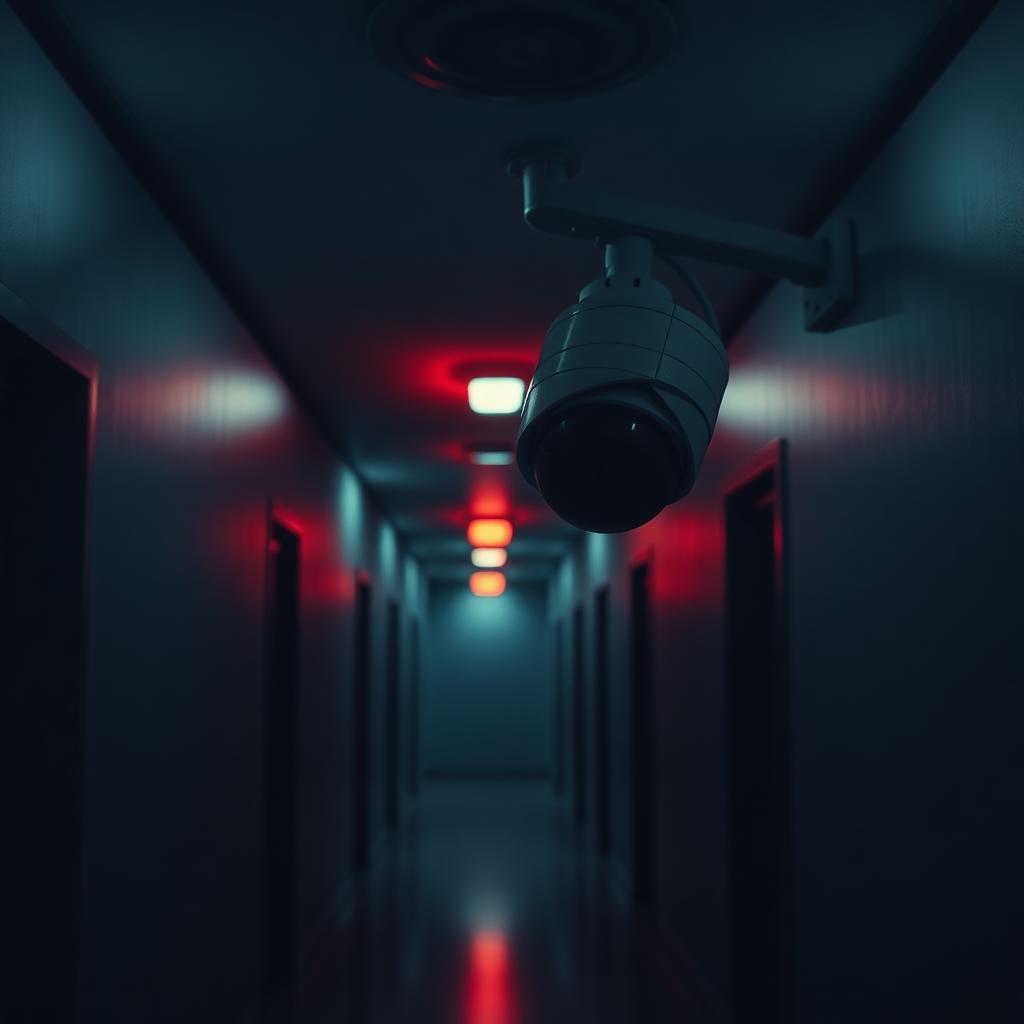 Dark security camera in a dim corporate hallway