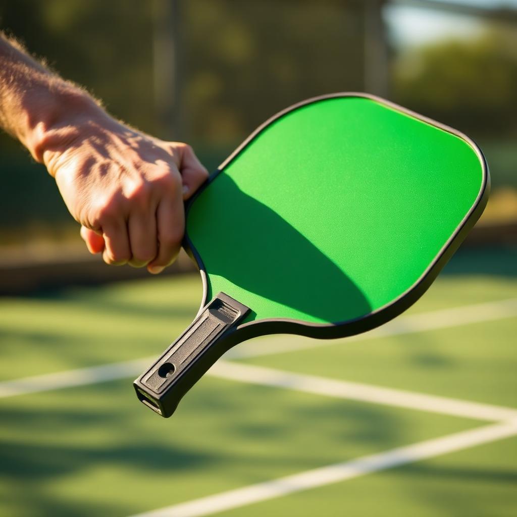 Hand gripping a green pickleball paddle mid swing