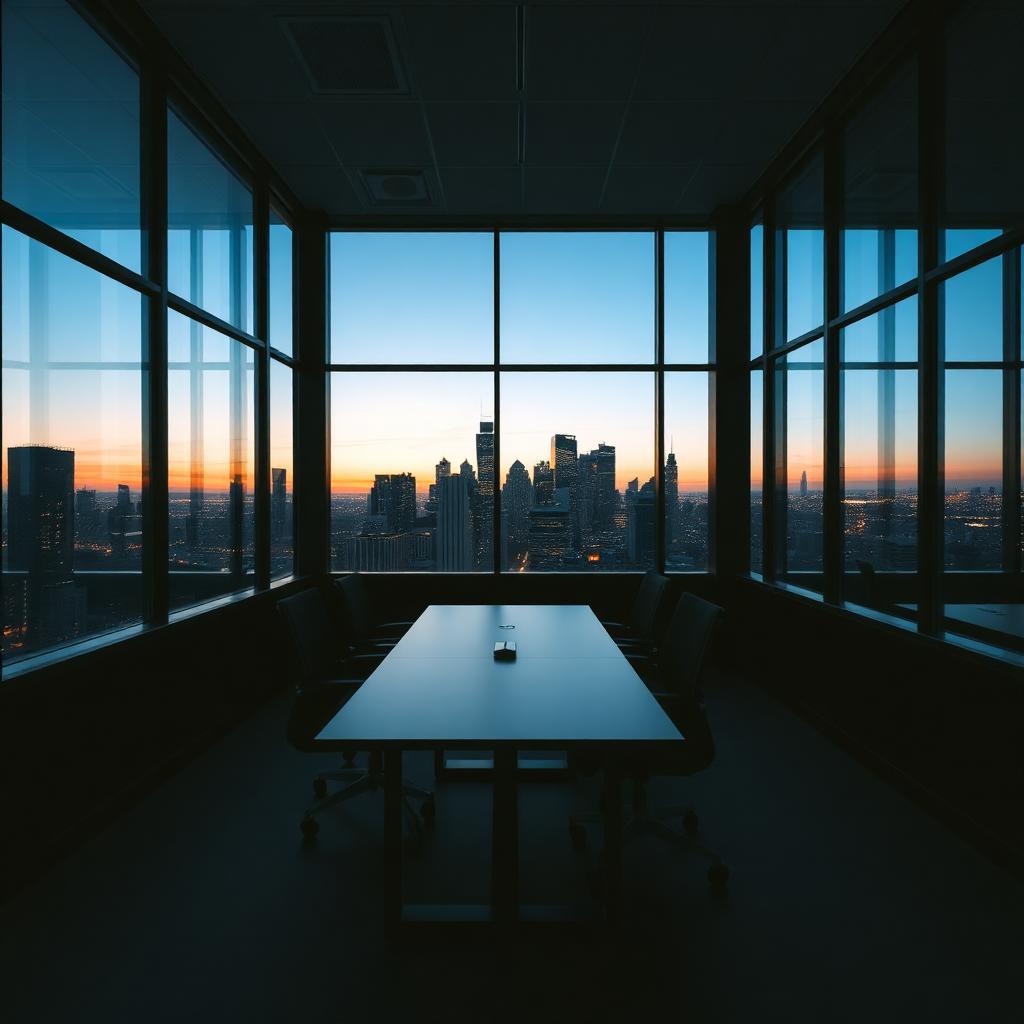 Empty corner office with skyline view at dusk